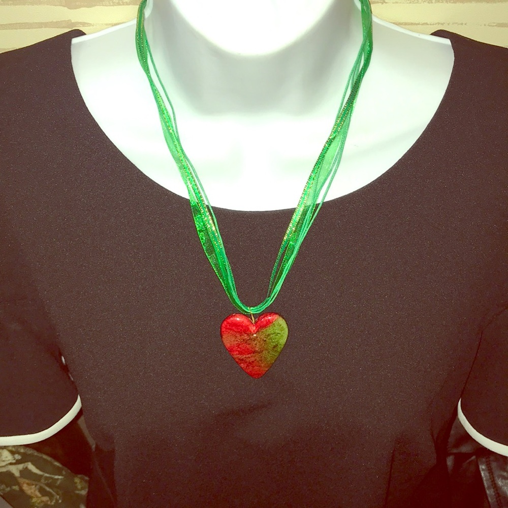 New watermelon heart acrylic necklace on green ribbon